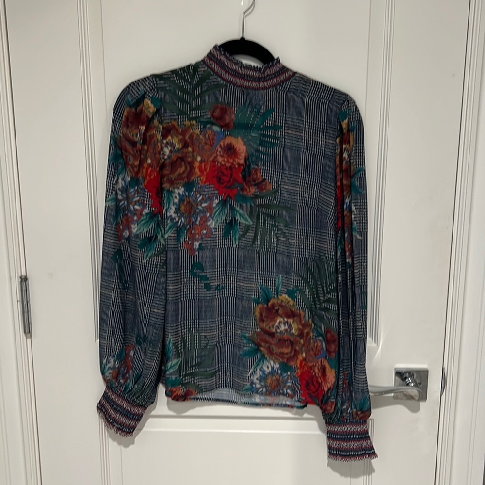 Jealous, tomato, blue floral blouse